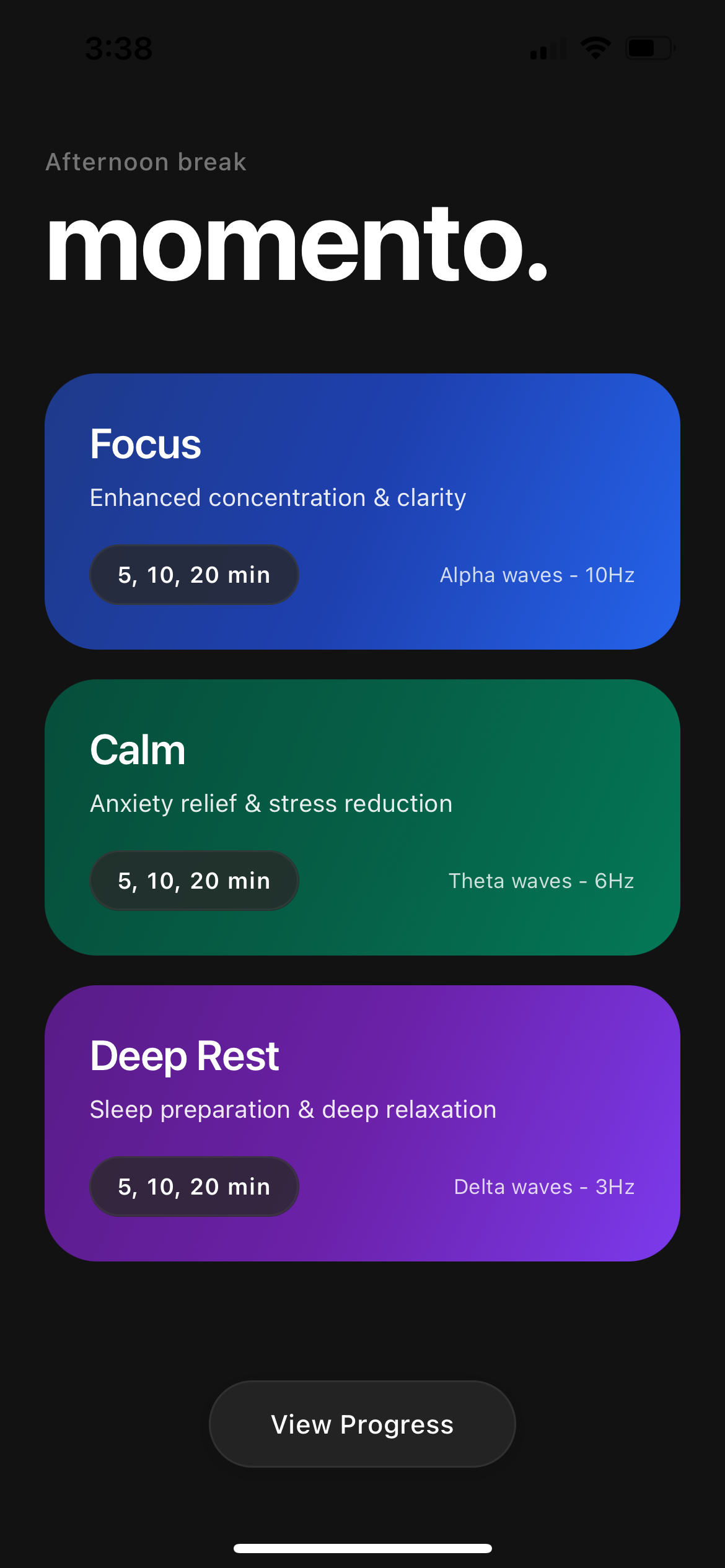 Momento app statistics and progress tracking