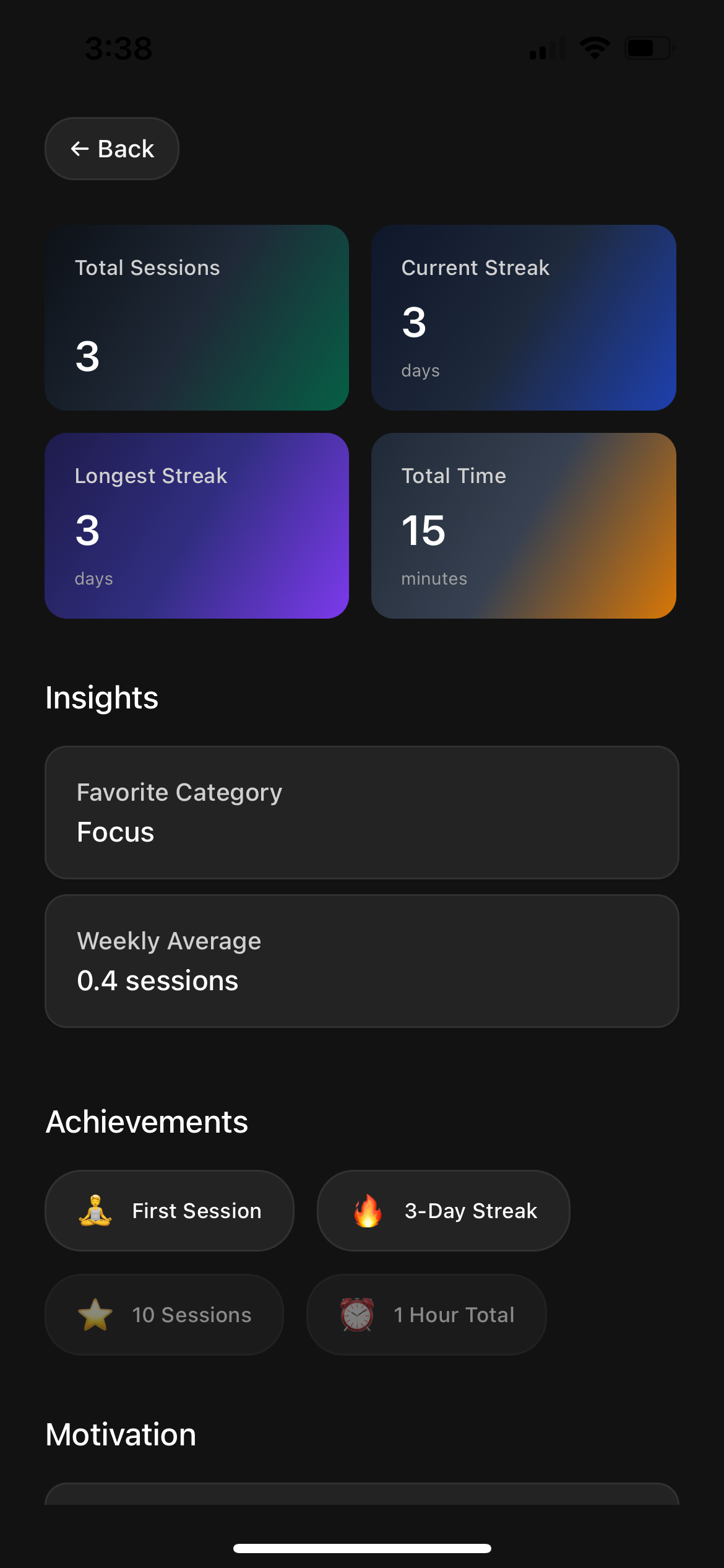 Momento app main screen showing meditation categories